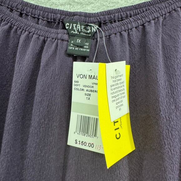 Citron Pants Women 1X Purple Textured Silk Wide Leg High Rise Pull On Lagenlook - Picture 2 of 15